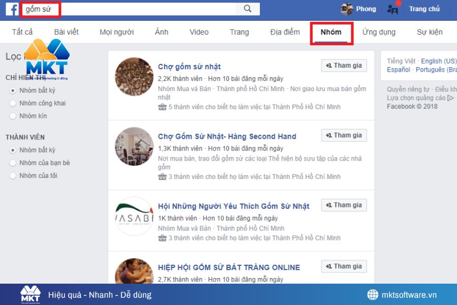 Tìm nhóm bán hàng trên Facebook bằng thanh công cụ tìm kiếm